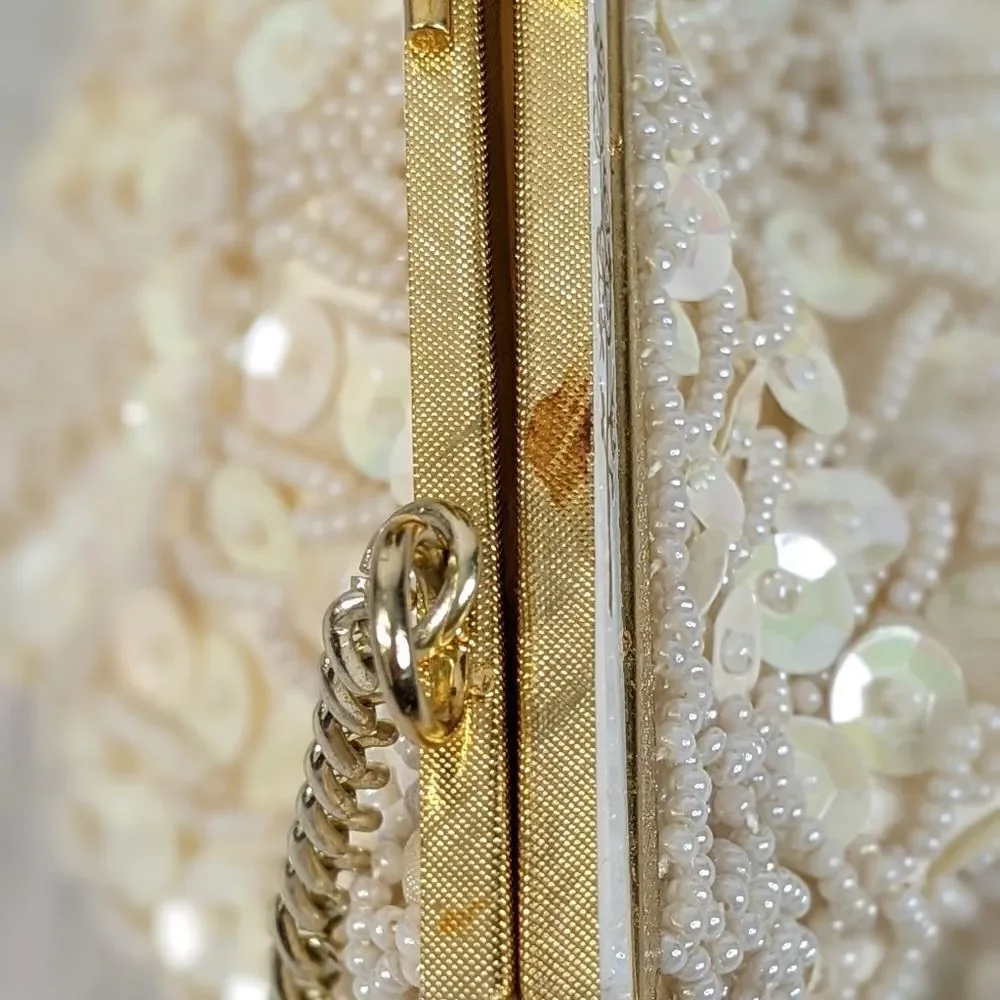 Vintage Hand Beaded Sequin Ivory Clutch Evening Purse by Laura